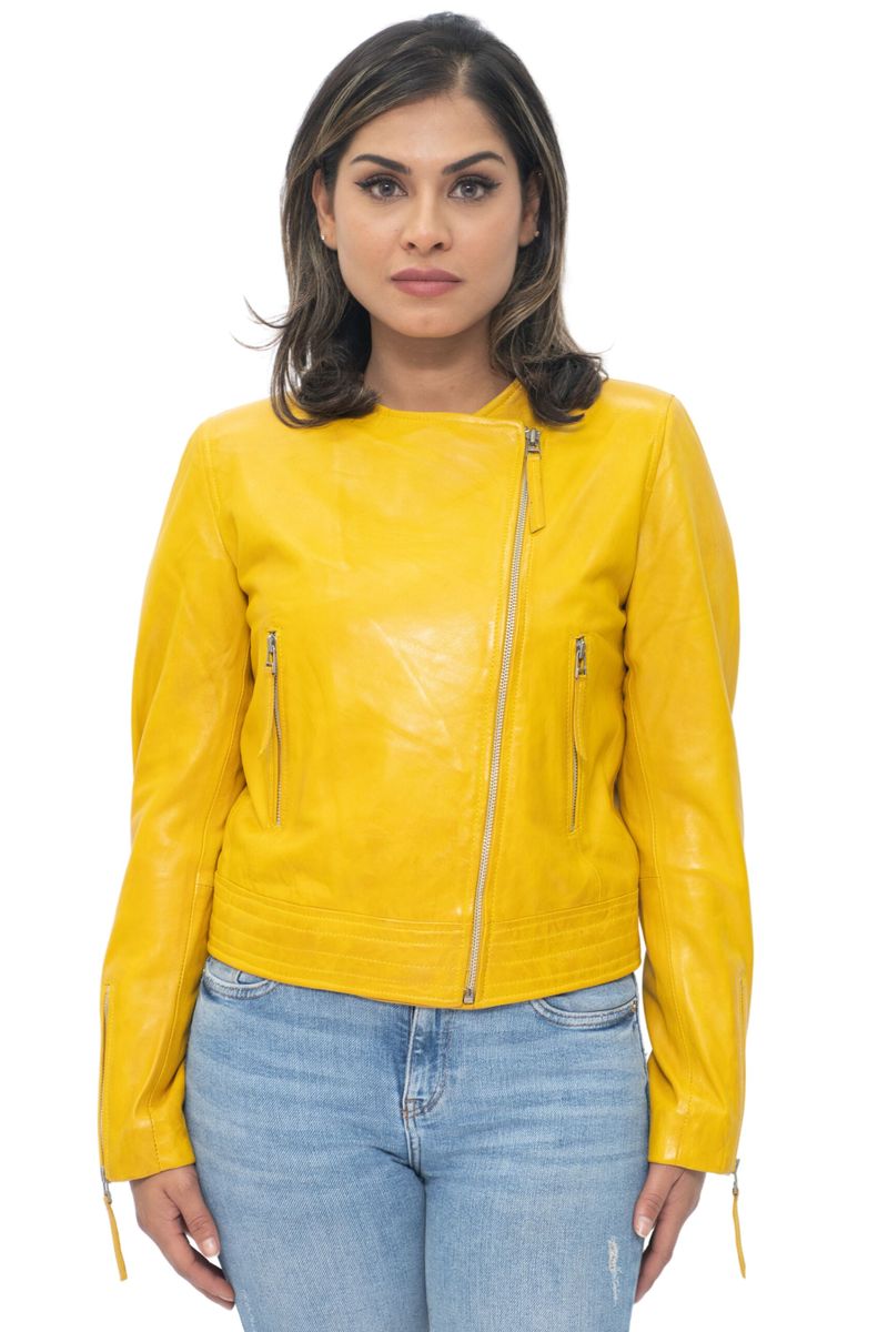 Elegante kragenlose Nappa-Bikerjacke
