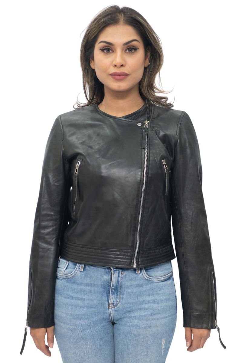 Elegante kragenlose Nappa-Bikerjacke