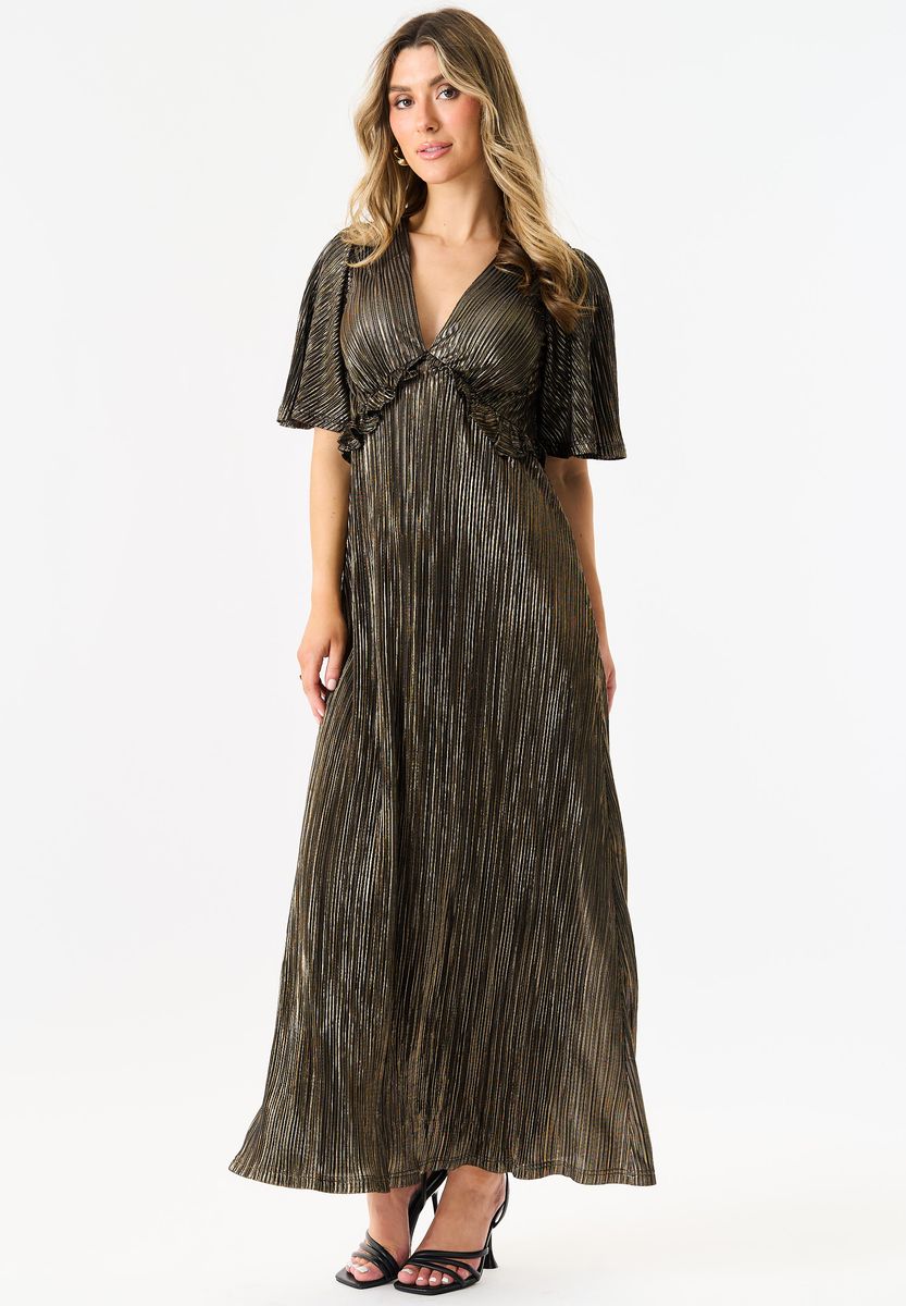 Metallisches Plissee-Maxikleid mit V-Ausschnitt