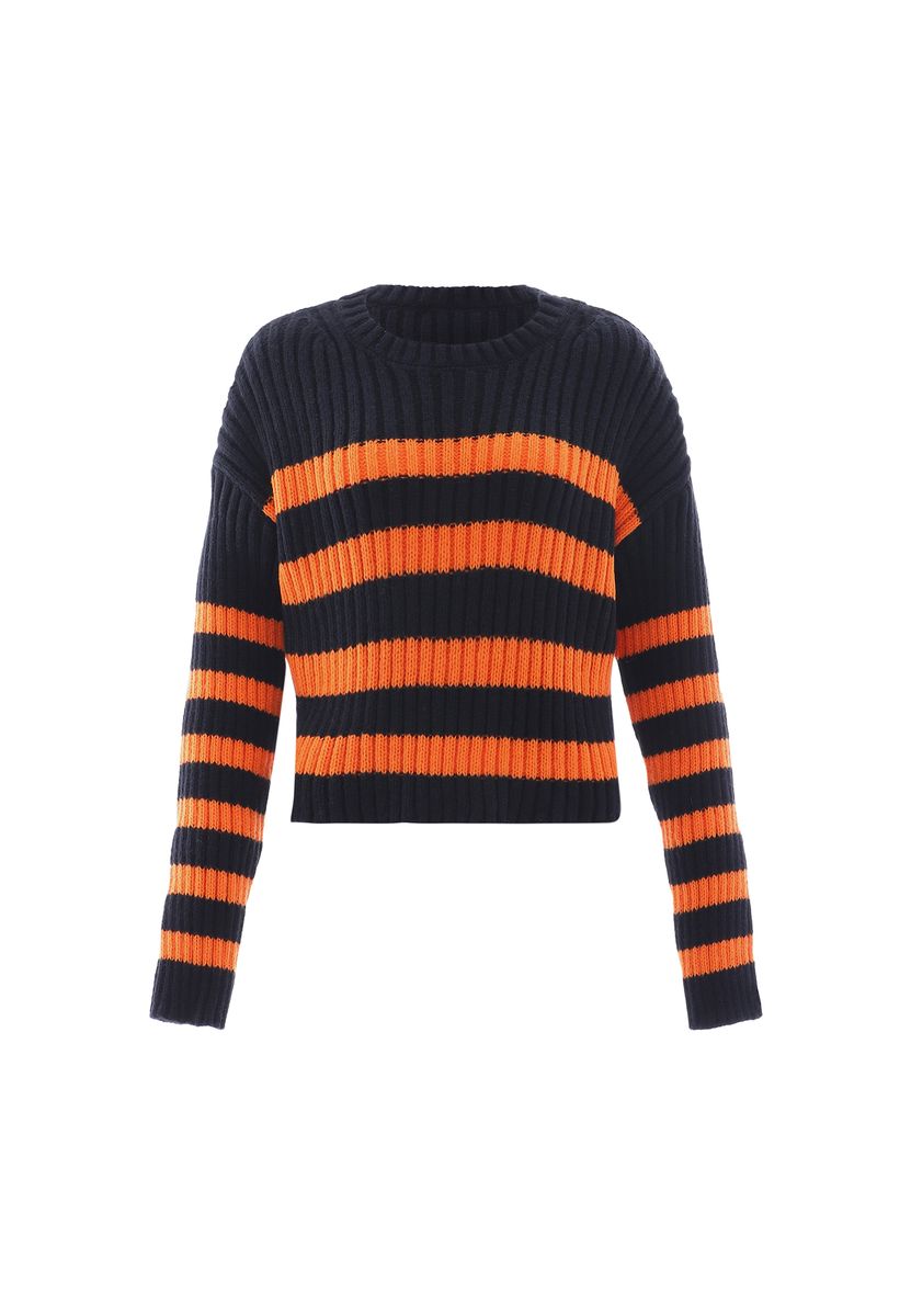 Gerippter Gestreifter Crop-Pullover