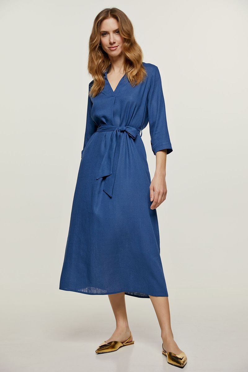 Midi-Kleid im Leinenstil mit Gürtel