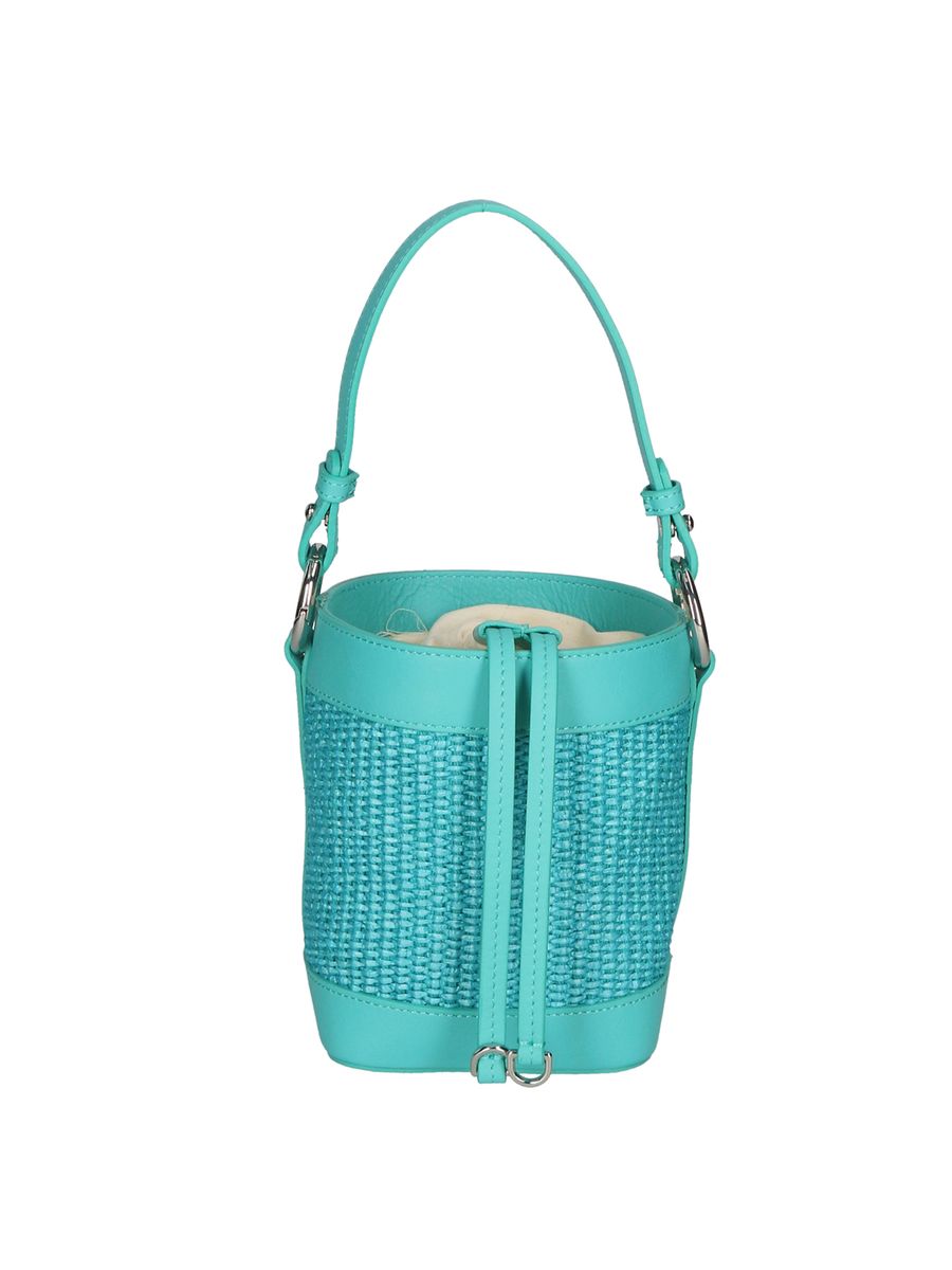 Eimertasche aus Leder und Strohgeflecht