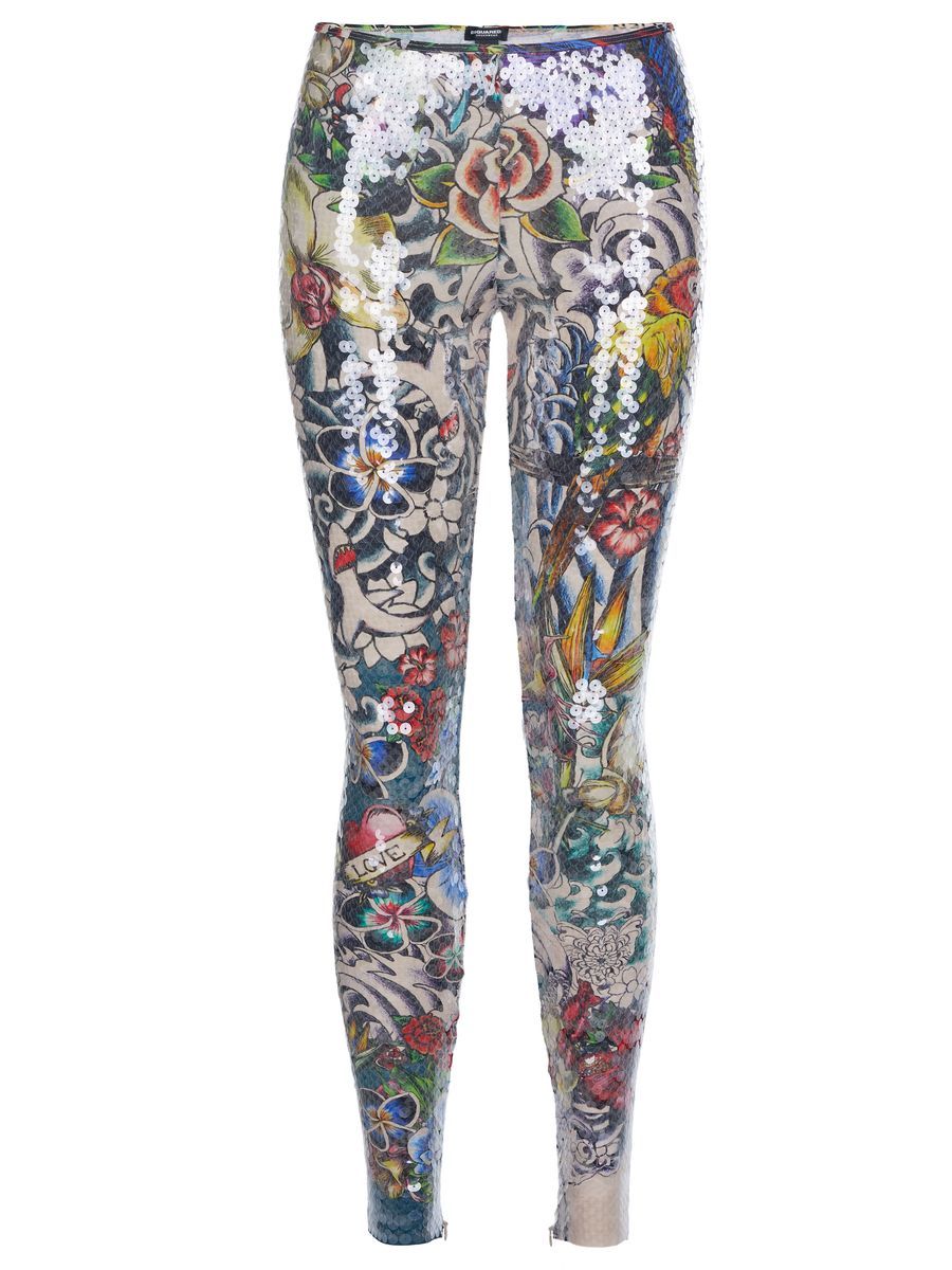 Tattoo-Print Leggings mit Pailletten-Besatz
