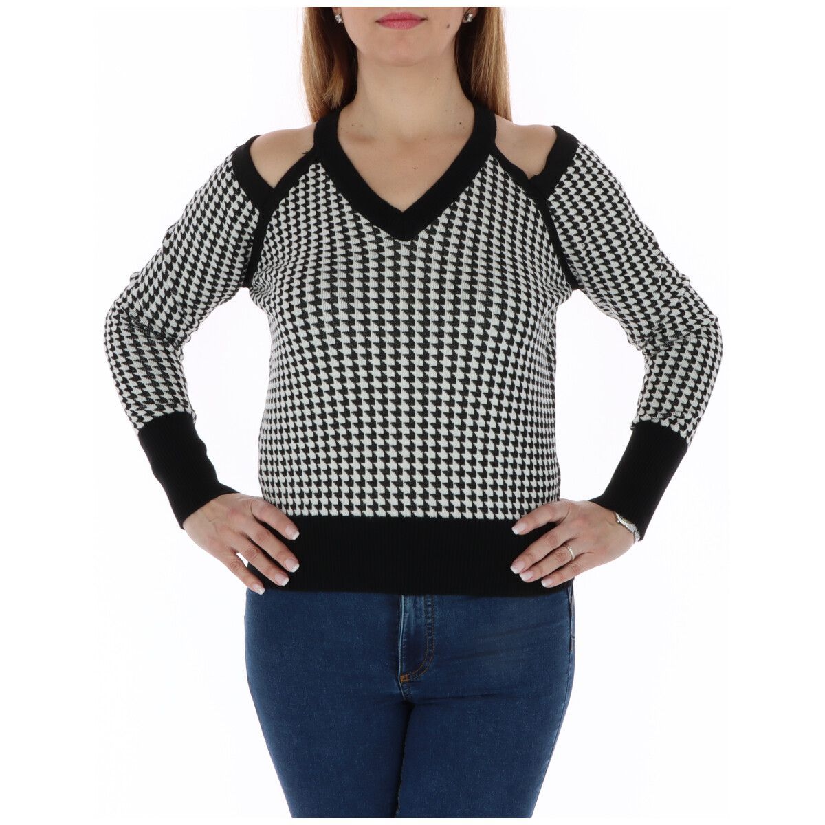 Hahnentritt-Strickoberteil mit Cut-Outs