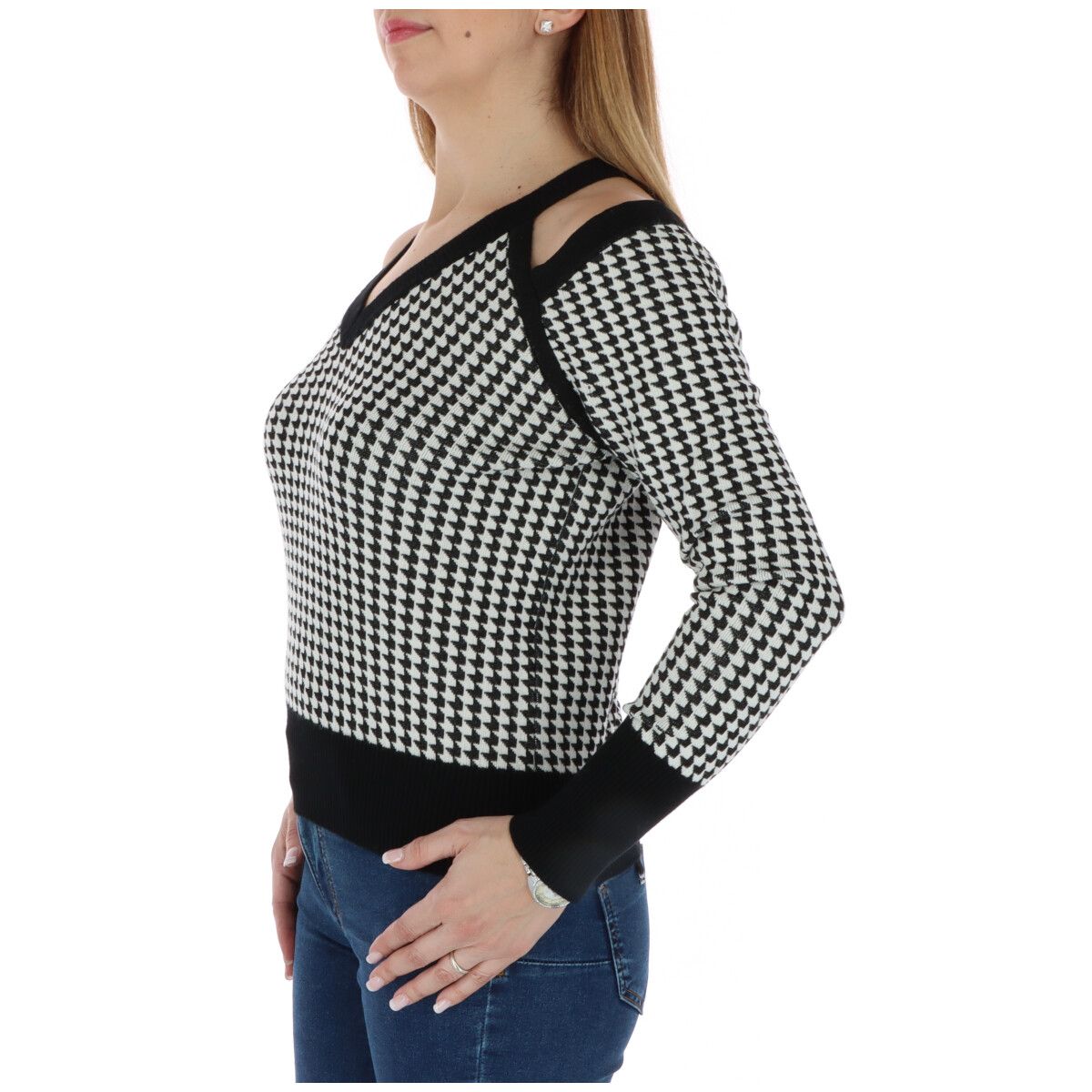 Hahnentritt-Strickoberteil mit Cut-Outs