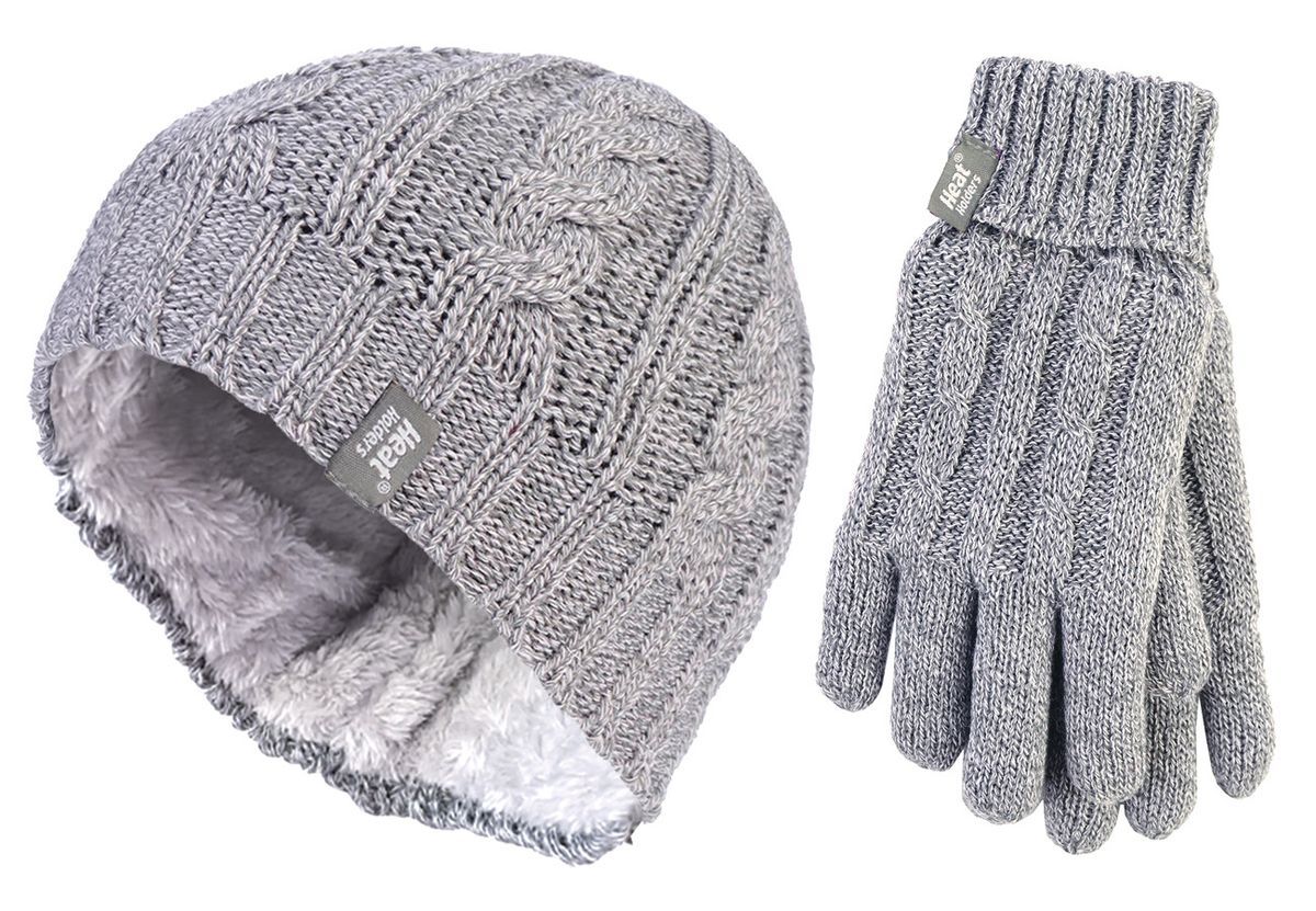 Thermisches Zopfstrick-Set aus Mütze und Handschuhen