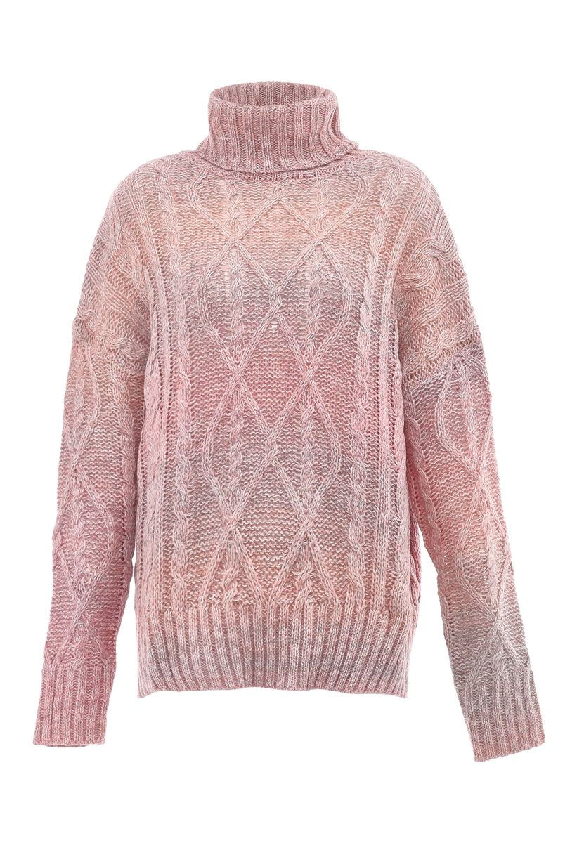 Oversized Zopfstrick-Rollkragenpullover mit Farbverlauf