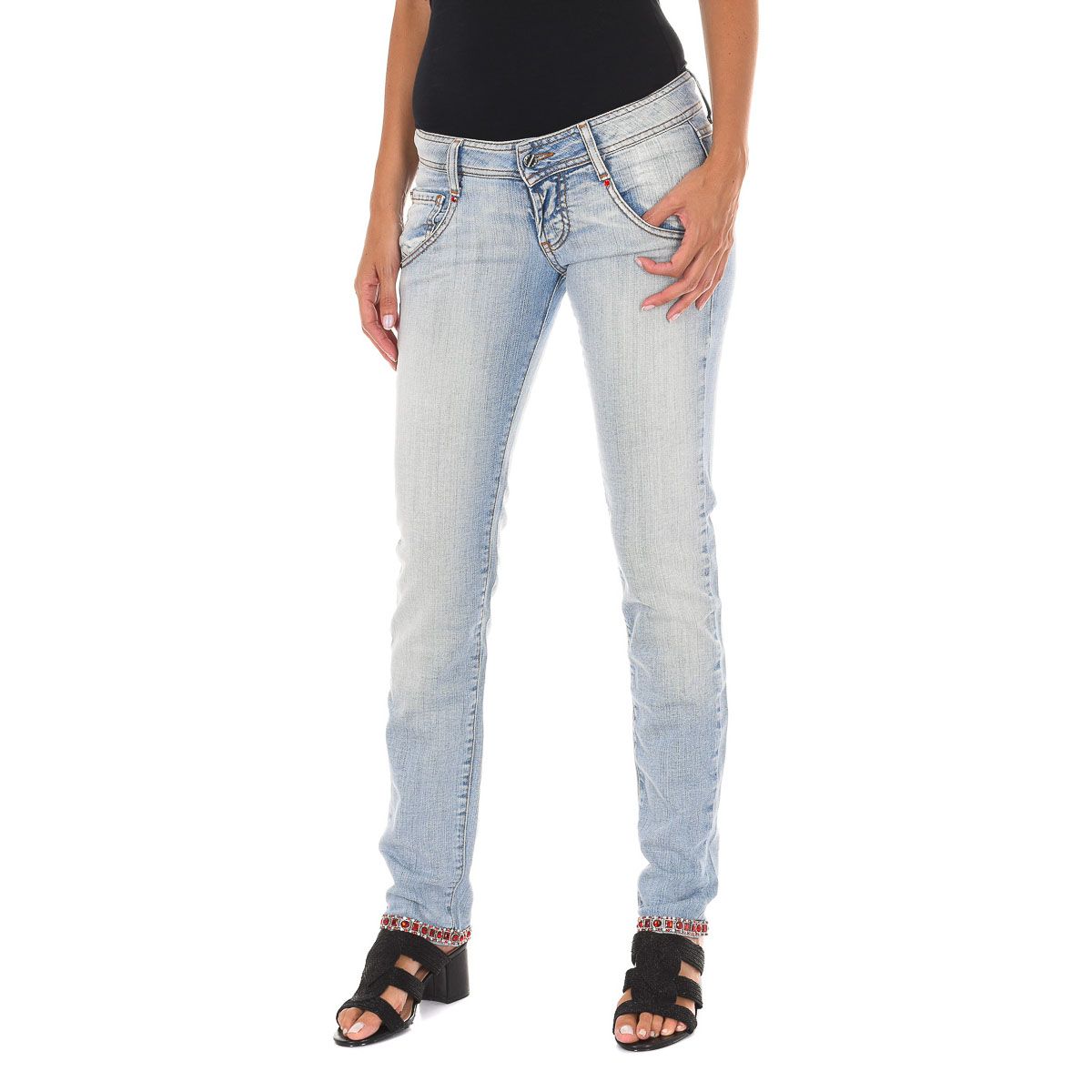 Schmal geschnittene Hüftjeans mit Applikationen
