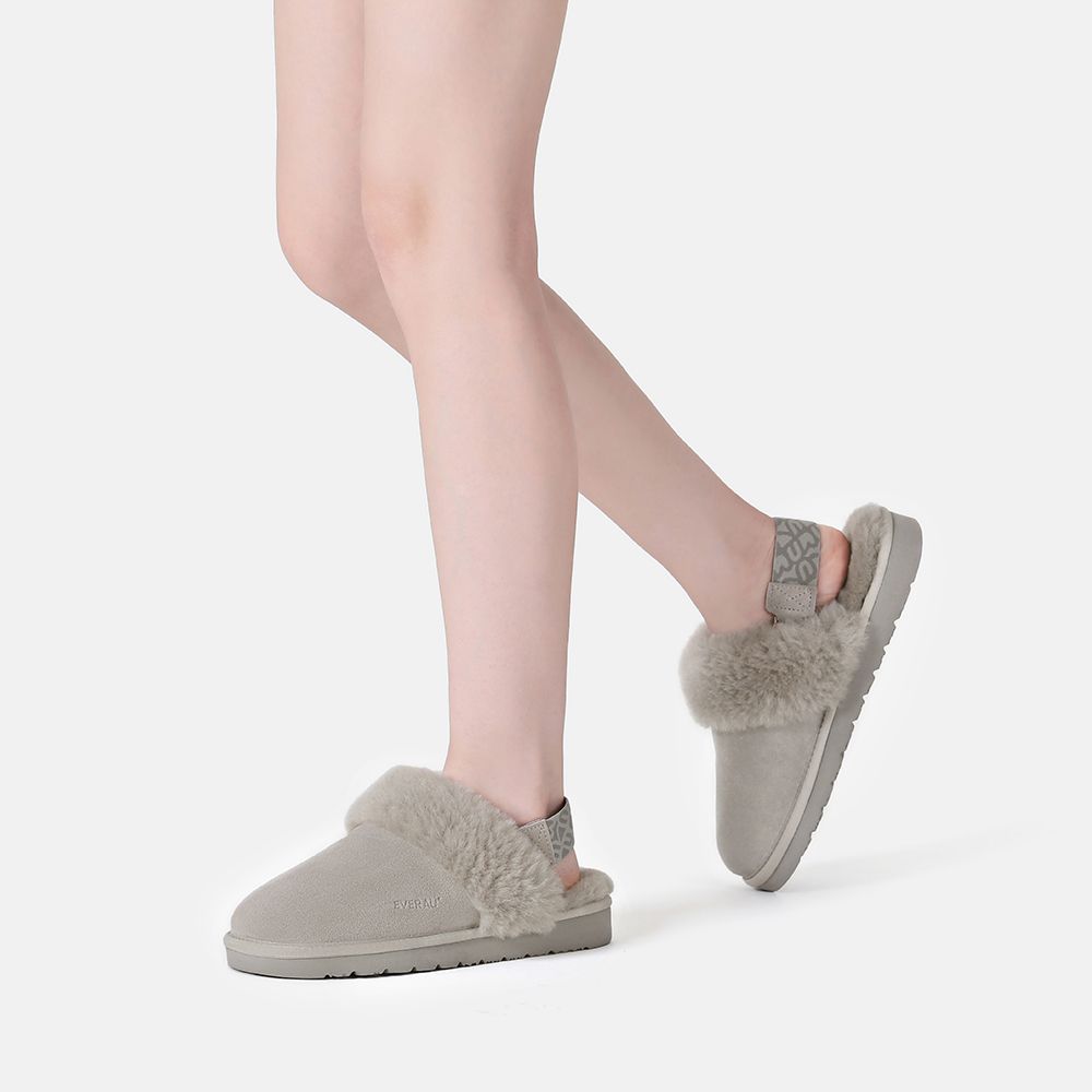 Slingback-Hausschuhe aus Wildleder mit Fellkragen