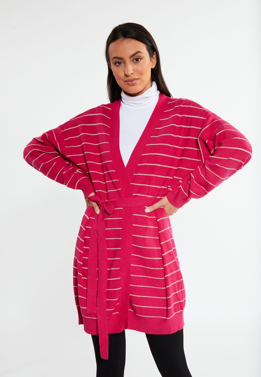 Gestreifter Strickcardigan mit Gürtel