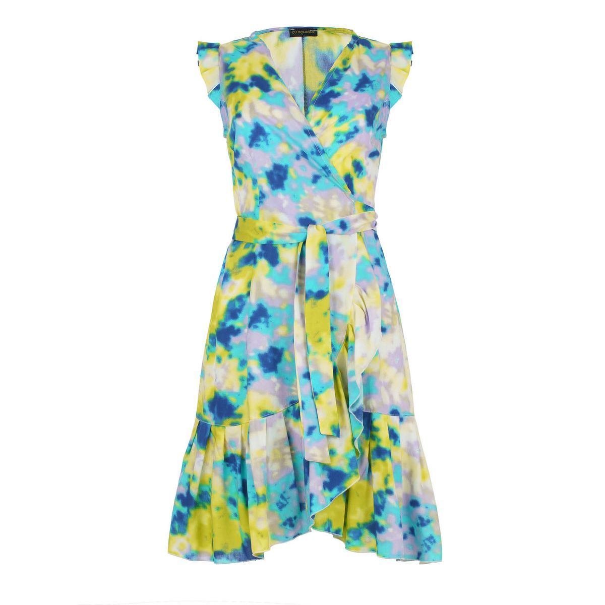 Wickelkleid mit Aquarellmuster und Rüschen
