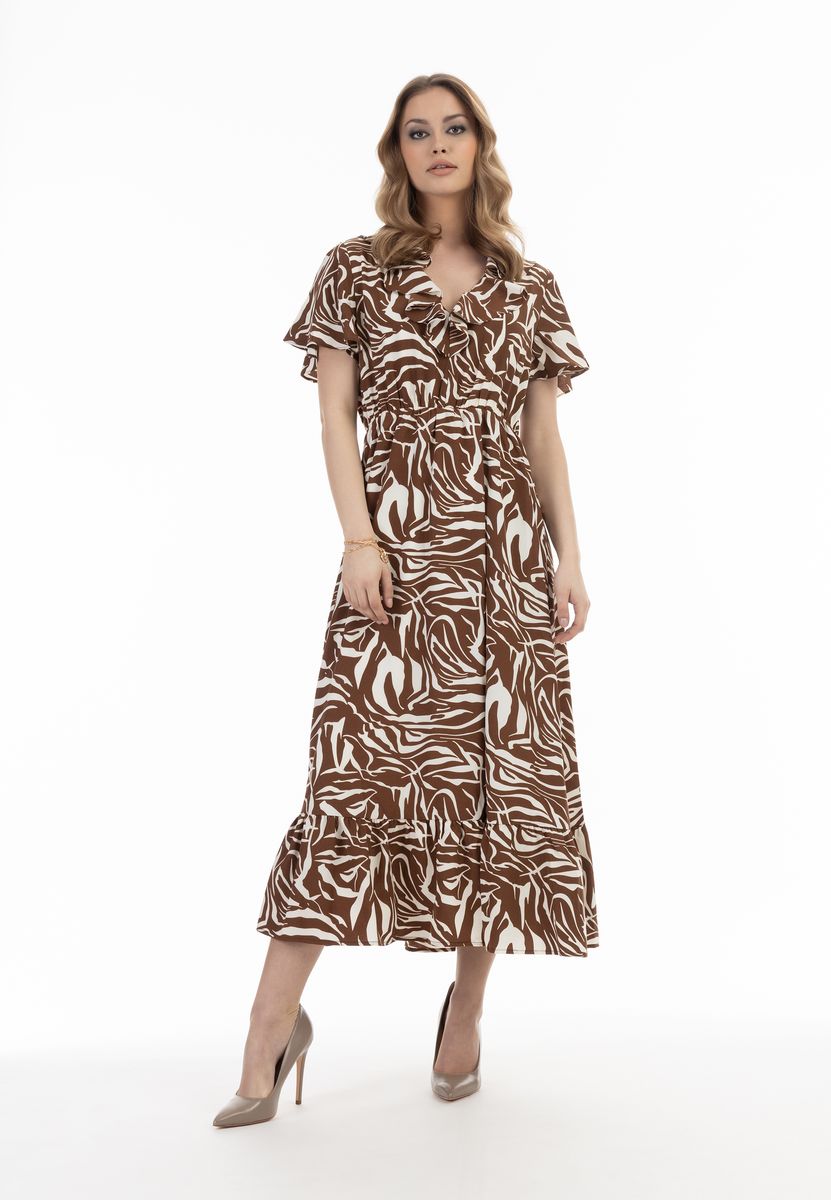 Maxikleid mit Zebra-Print und Rüschen