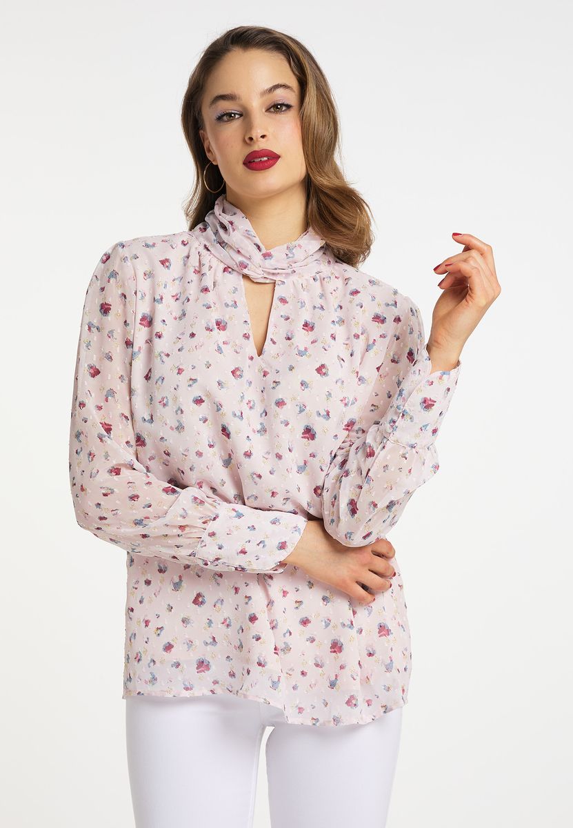 Fließende Blumenbluse mit Stehkragen