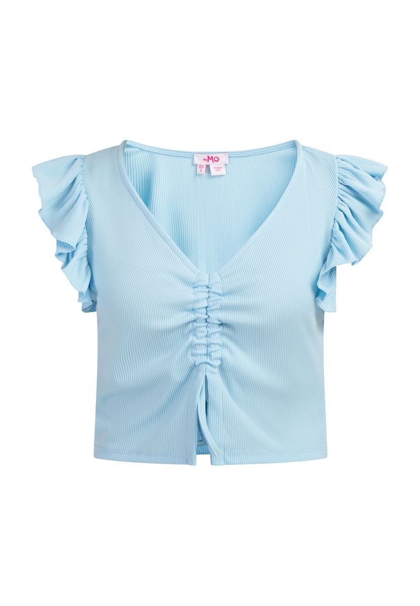 Rippstrick-Crop-Top mit Rüschen und Raffung