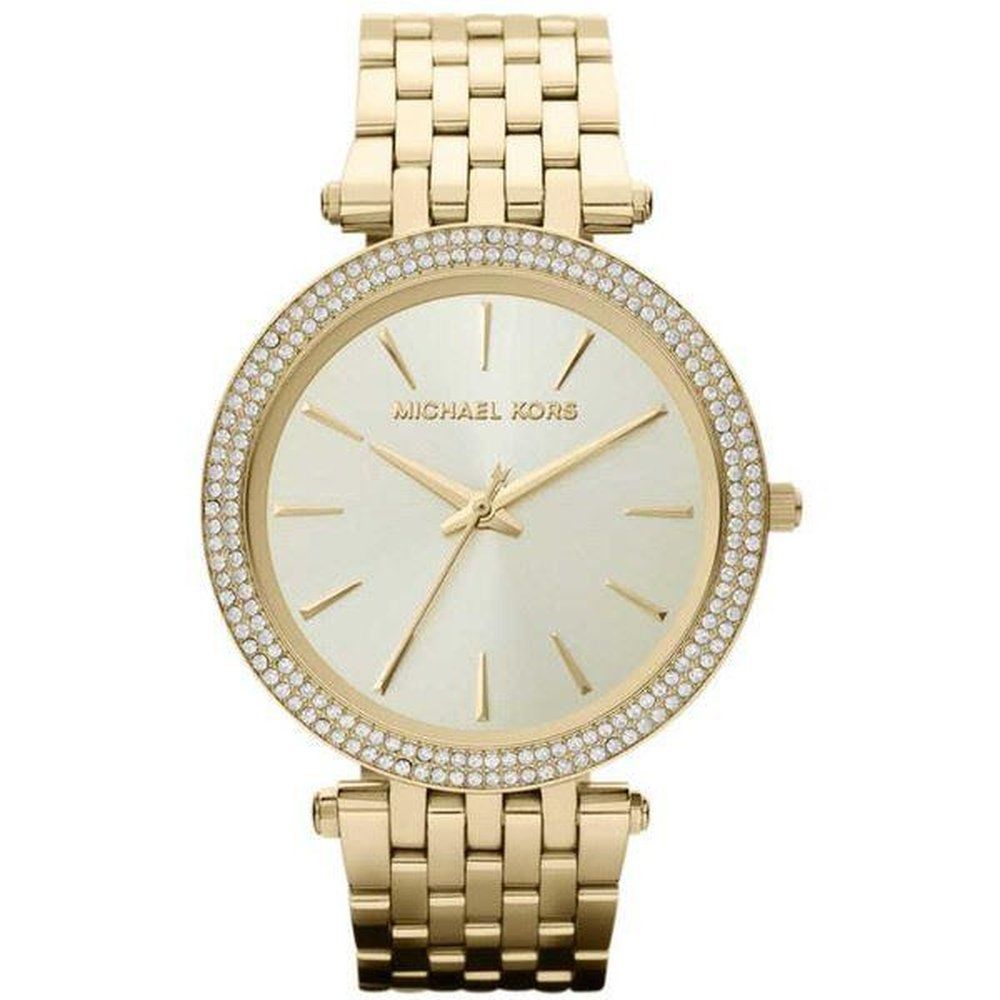 Goldfarbene Armbanduhr mit Kristallbesatz