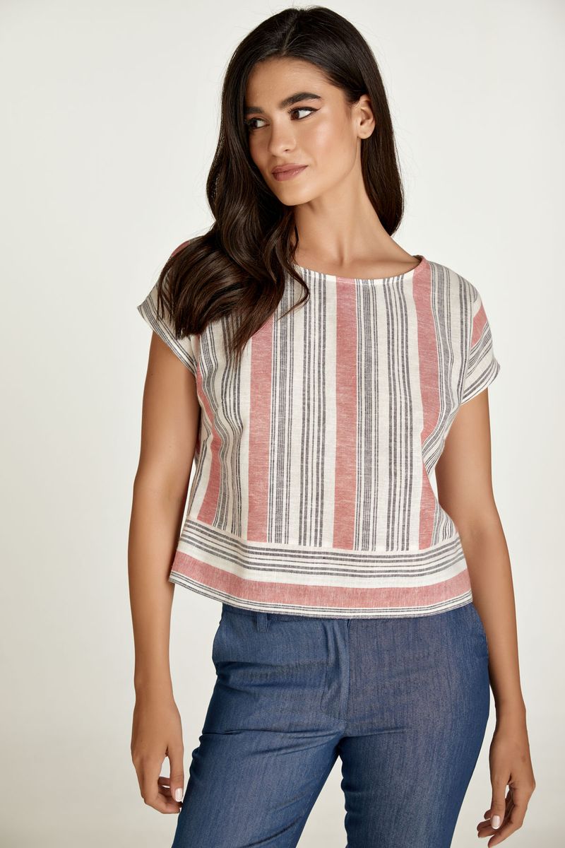 Oversized Leinenoberteil mit gestreiftem Saum