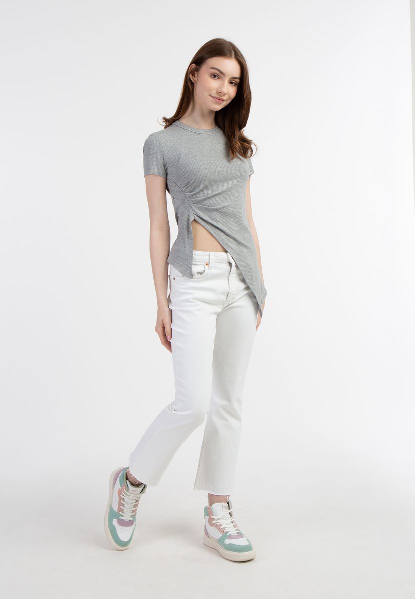 Asymmetrisches Rippstrick-Shirt mit Raffung