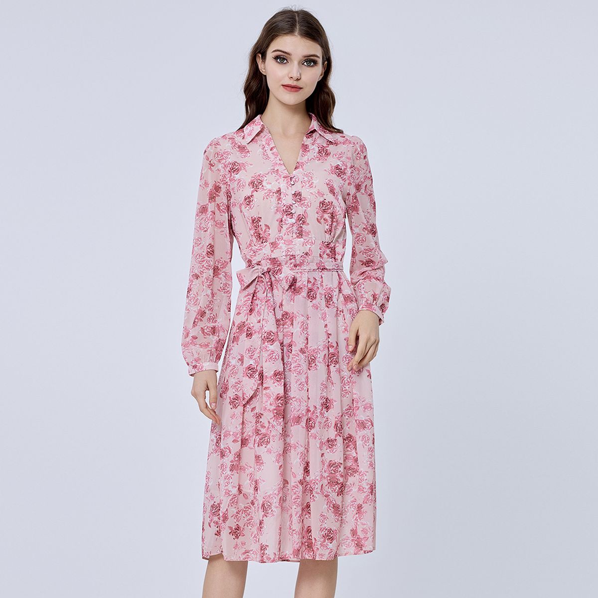 Geblümtes Chiffon-Midi-Hemdblusenkleid