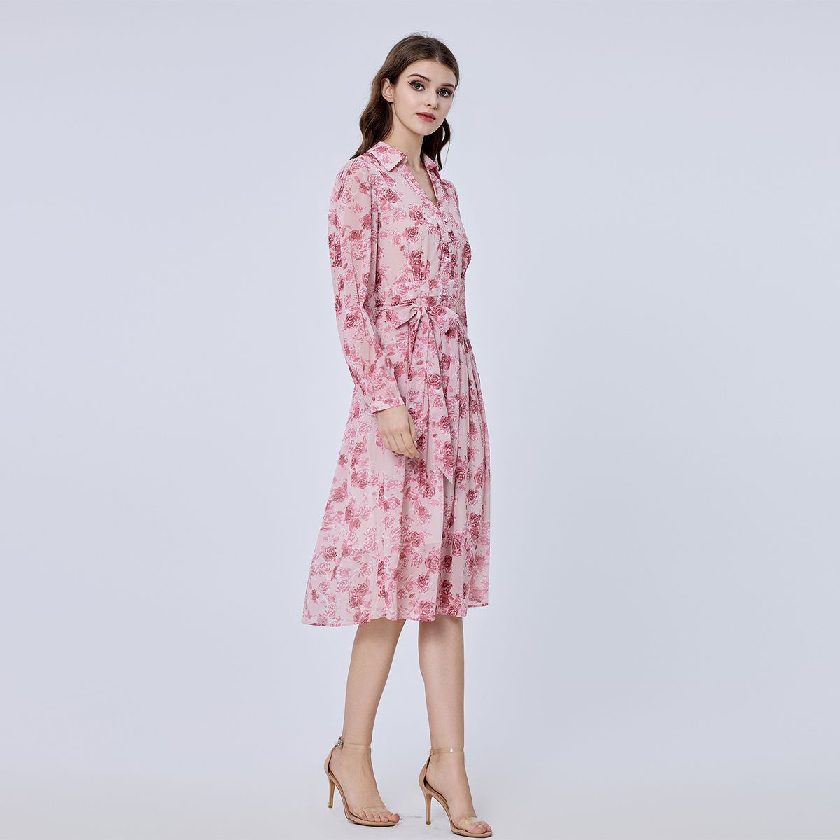Geblümtes Chiffon-Midi-Hemdblusenkleid