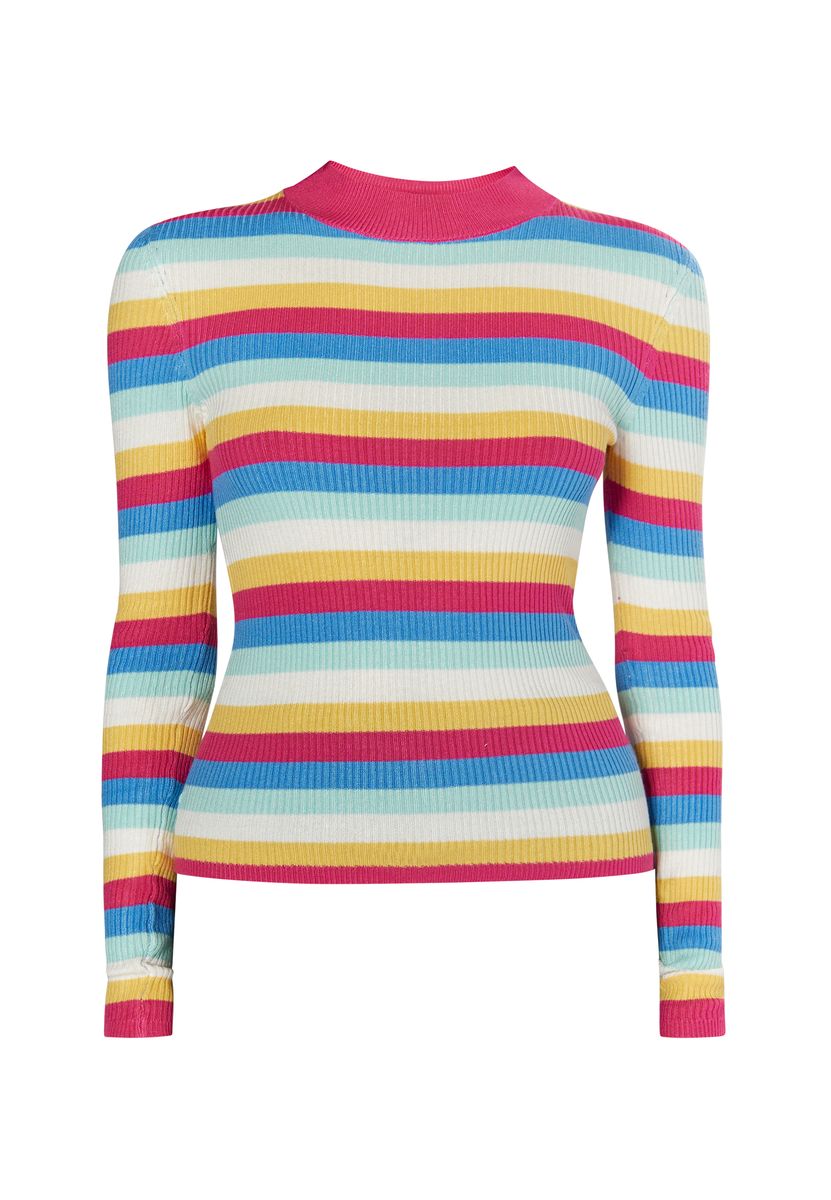 Farbenfroher Rippstrickpullover mit Stehkragen