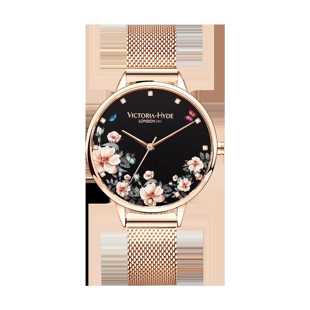 Armbanduhr mit floralem Motiv und Mesh-Band