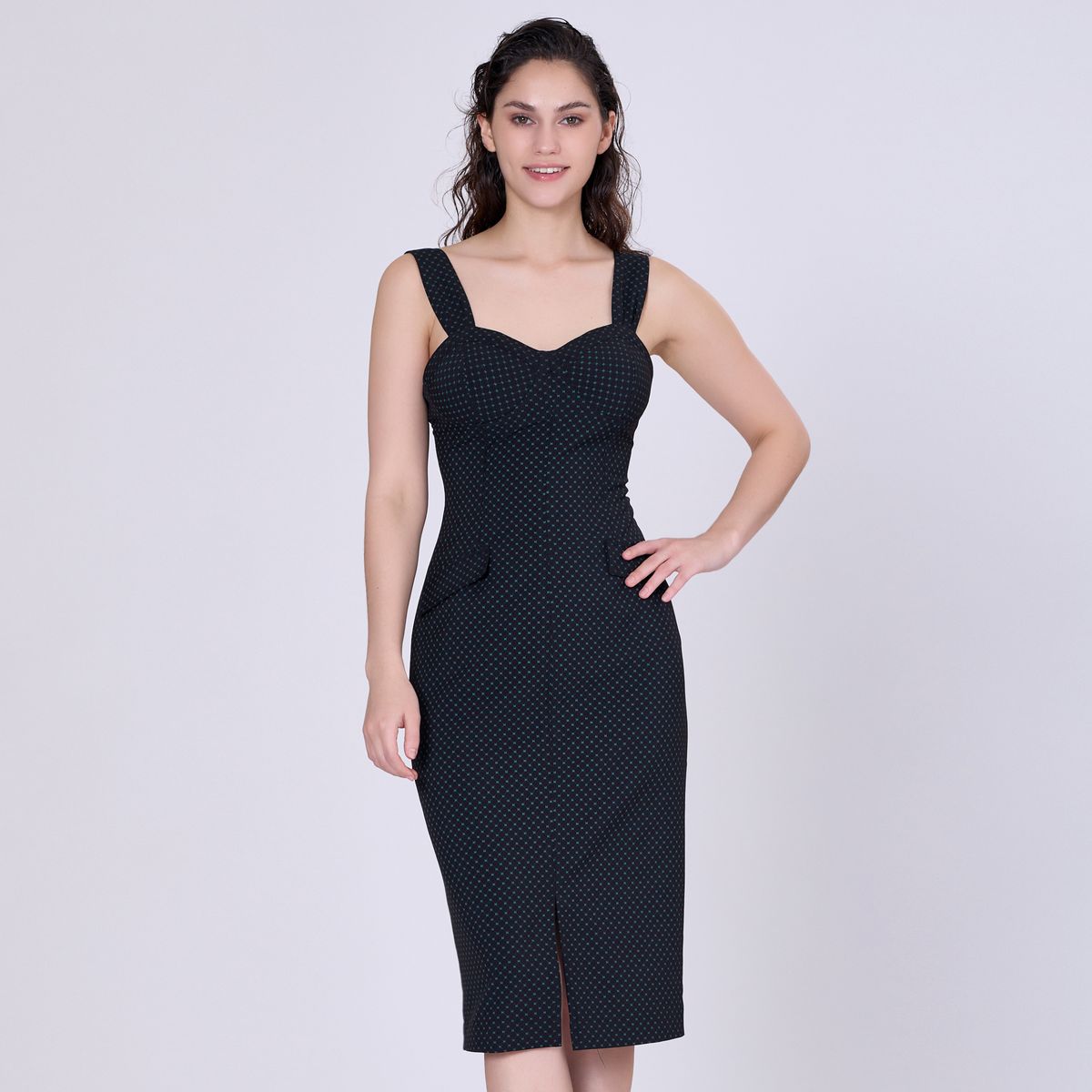 Retro-Bleistiftkleid mit Punktmuster