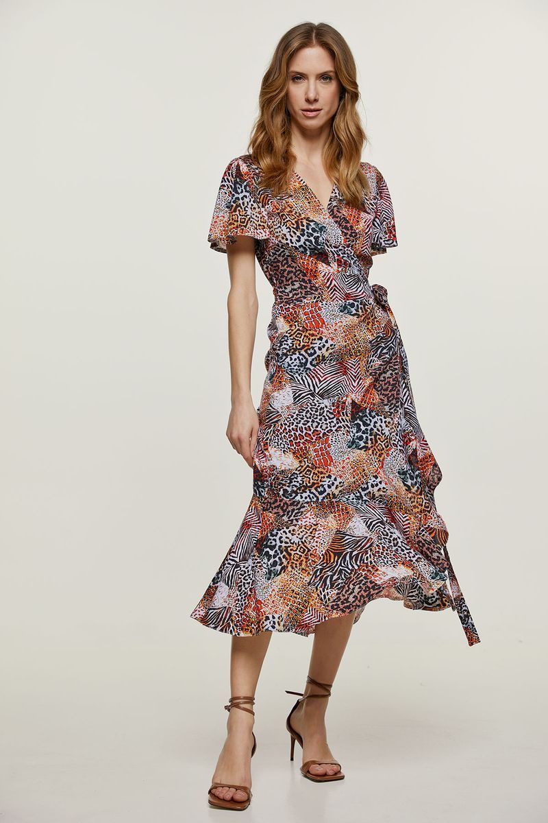 Midi-Wickelkleid mit Animal-Print und Rüschen
