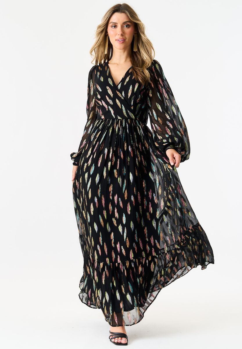 Metallic Feder-Print Maxikleid