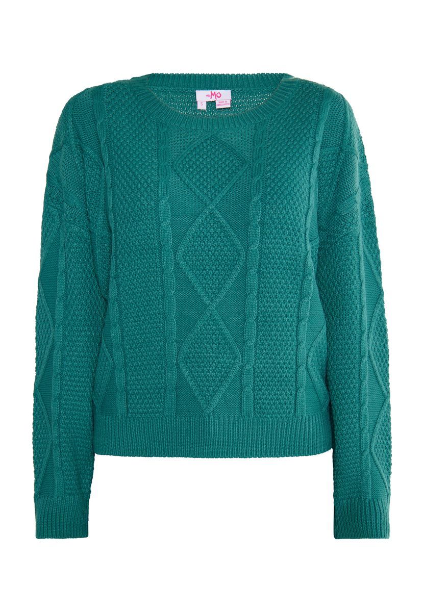 Strukturierter Rundhals-Strickpullover mit Zopfmuster