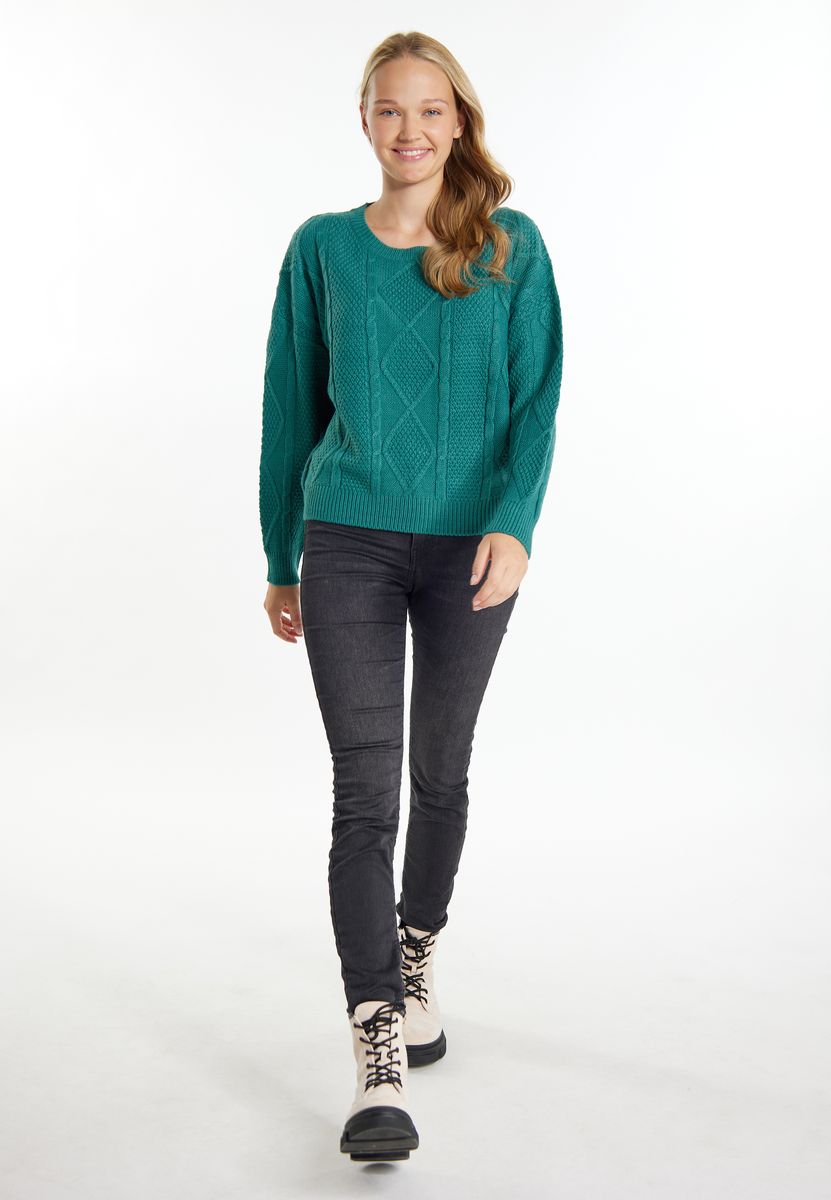 Strukturierter Rundhals-Strickpullover mit Zopfmuster
