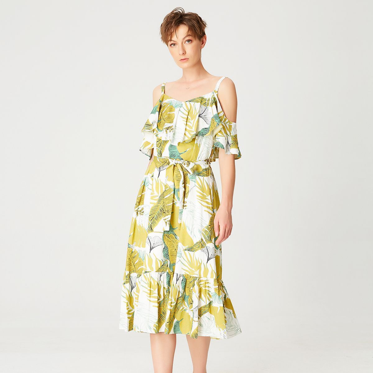Tropisches Trapezkleid mit Off-Shoulder-Rüschen