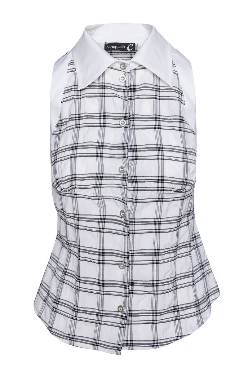 Ärmellose Karo-Bluse mit Kontrastkragen