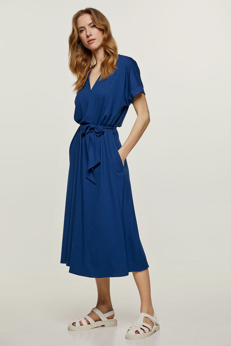 V-Ausschnitt Jersey-Midikleid mit Gürtel