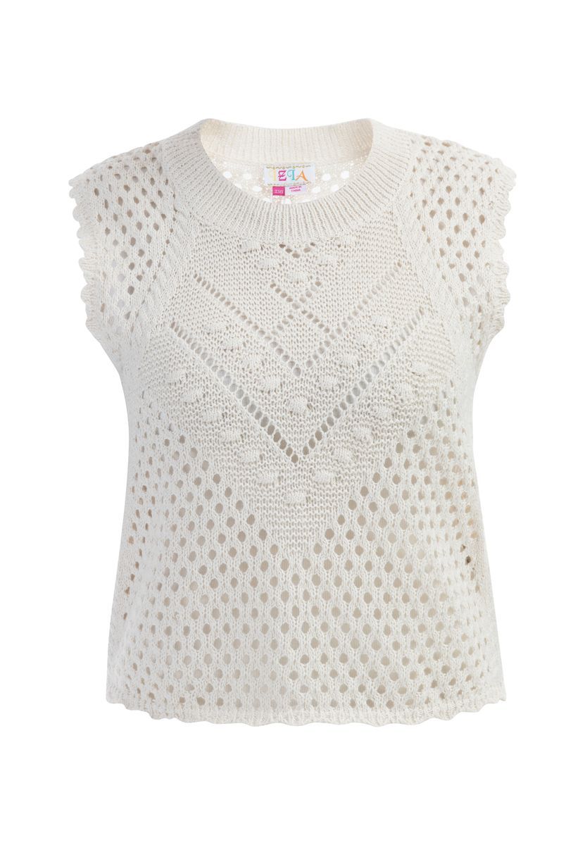 Ärmelloser Lochmuster-Strickpullover mit Muschelsaum