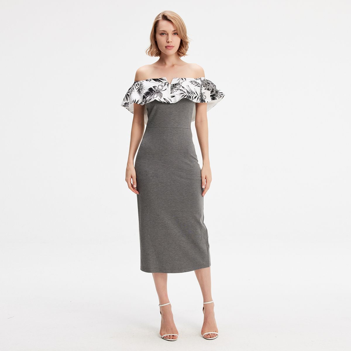Bodycon-Kleid mit Off-Shoulder Tropen-Rüsche