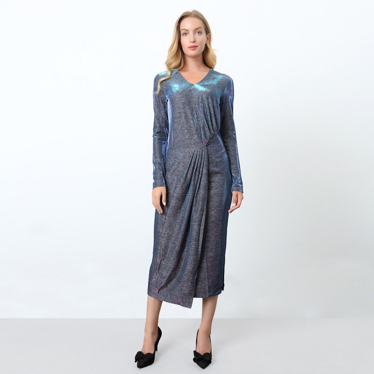 Irisierendes Drapiertes Midi-Cocktailkleid