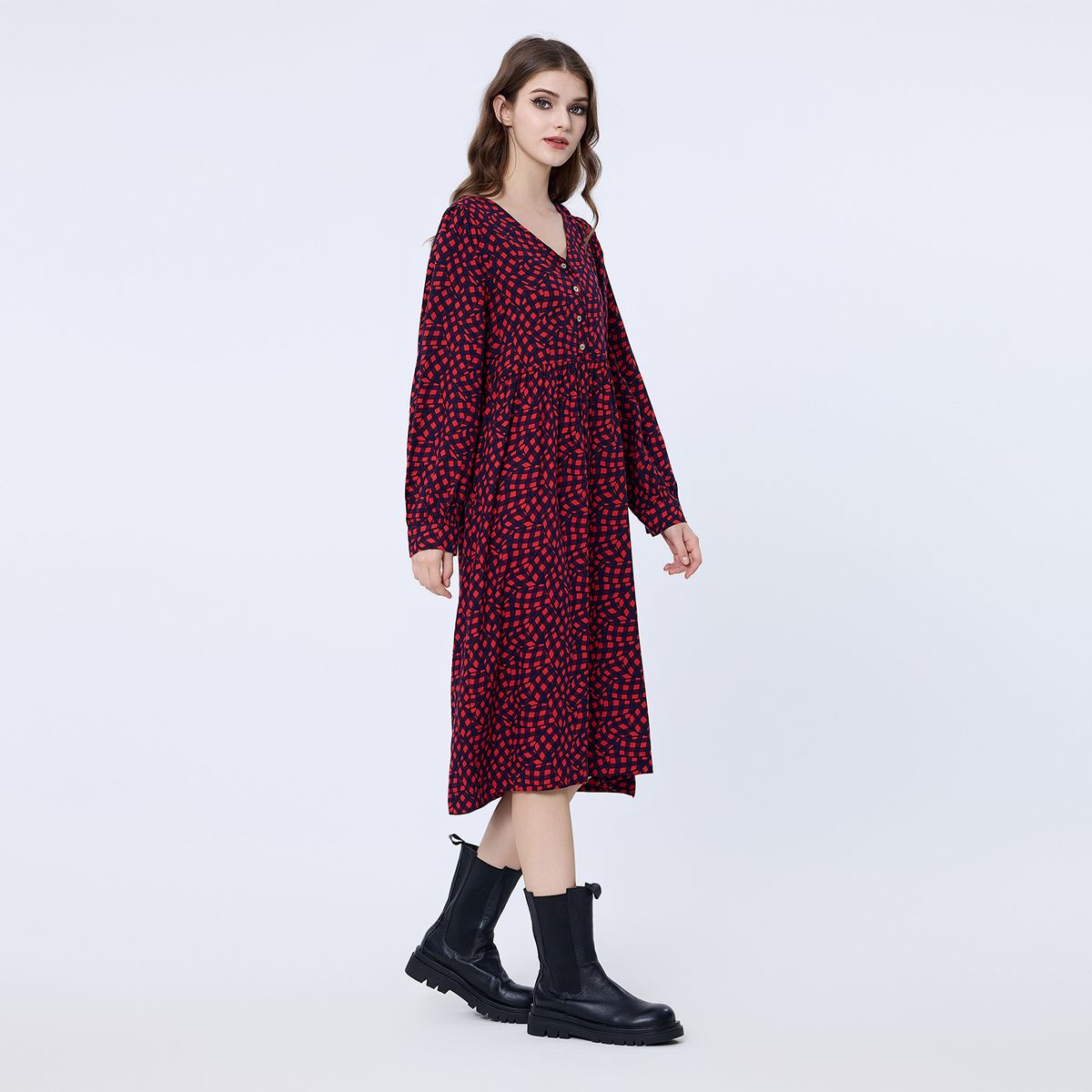 Midi-Kleid aus Flanell mit Geometriemuster