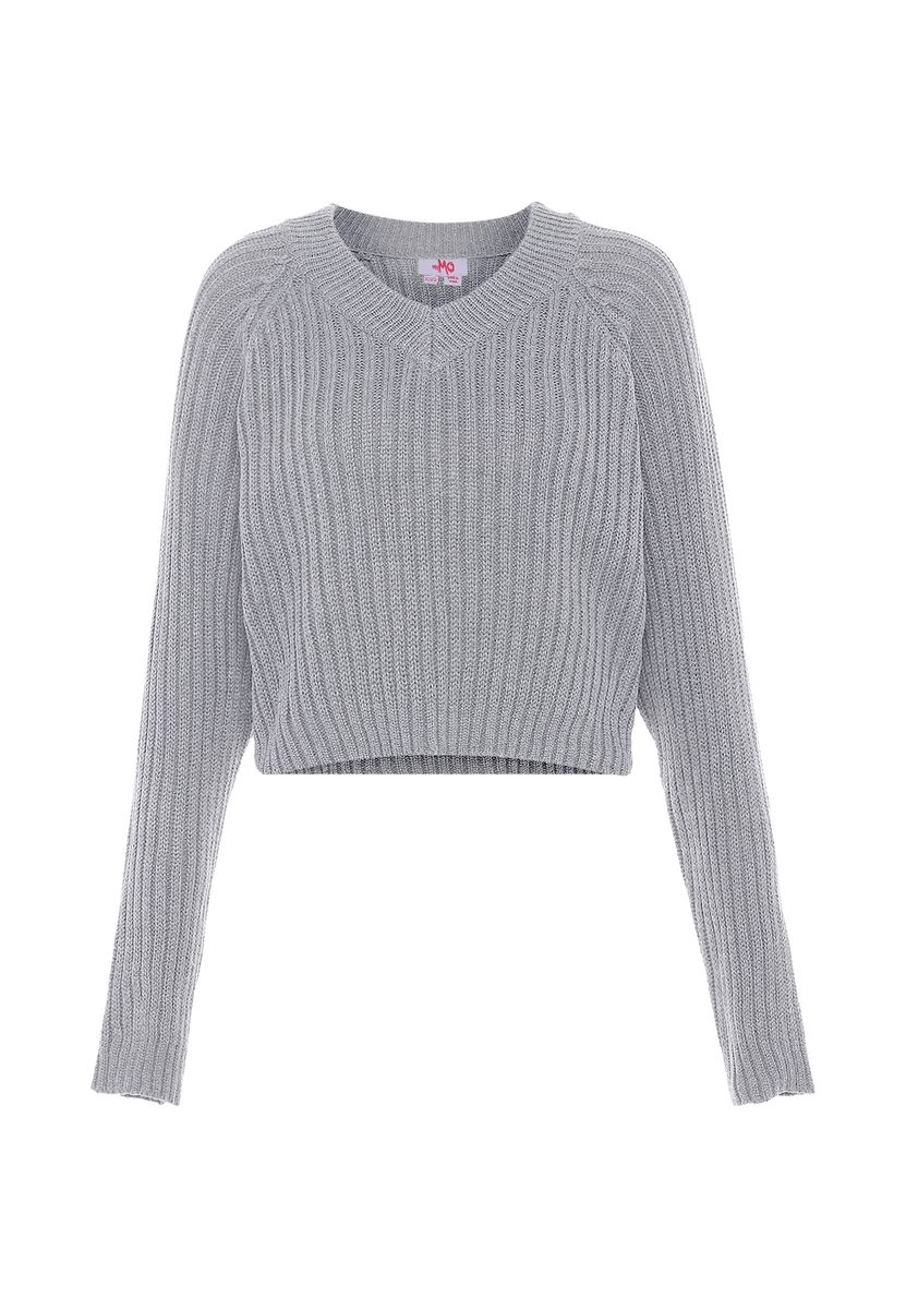 Gerippter V-Ausschnitt Cropped Strickpullover