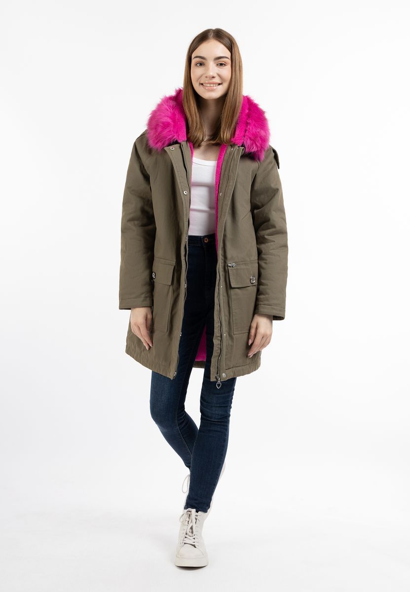 Winterparka mit farbigem Kunstfellbesatz