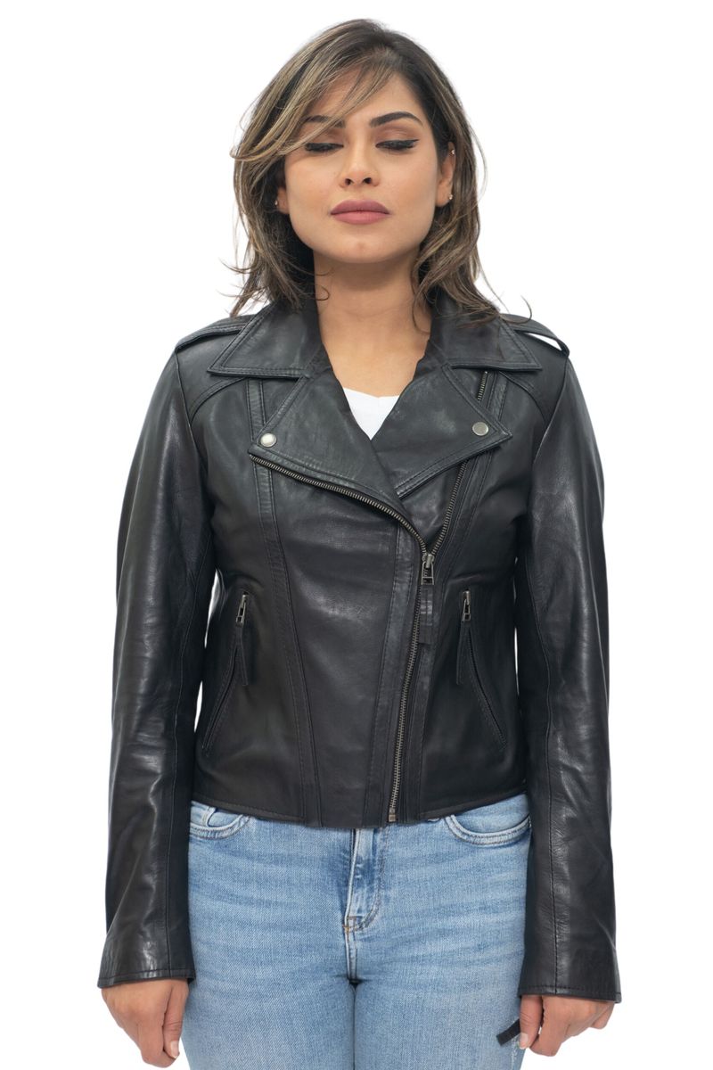 Nappa-Bikerjacke mit asymmetrischem Reißverschluss