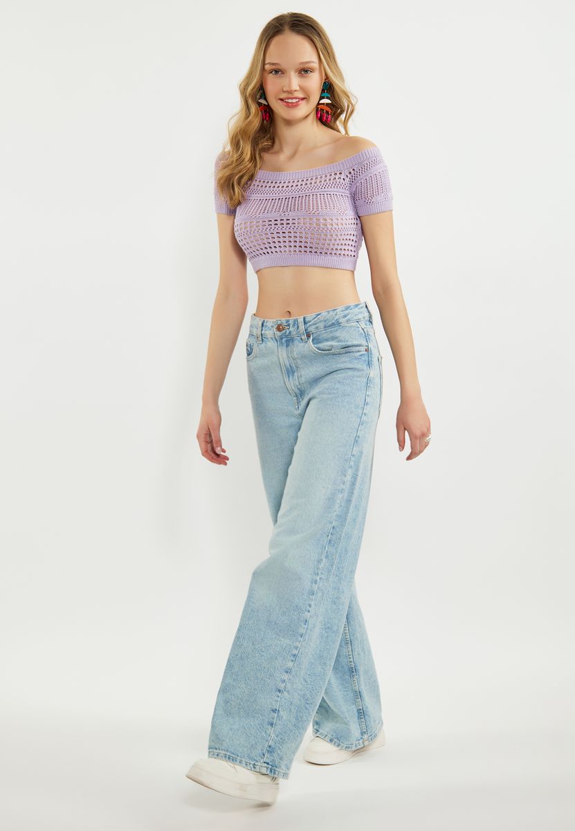 Schulterfreies Pointelle-Strick Crop Top