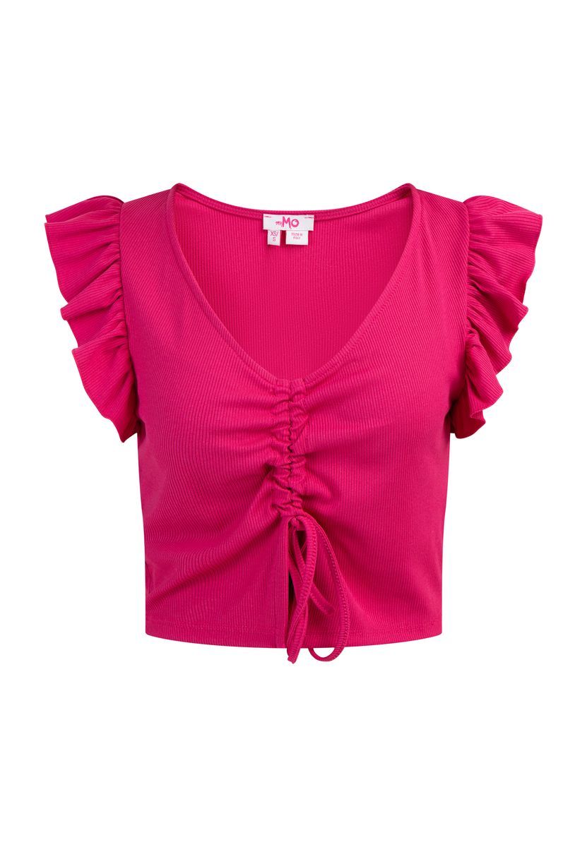 Geripptes Crop-Top mit Rüschenärmeln