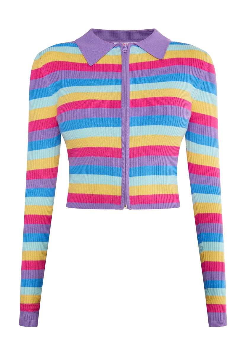 Gestreifte Rippstrick-Crop-Strickjacke mit Reißverschluss