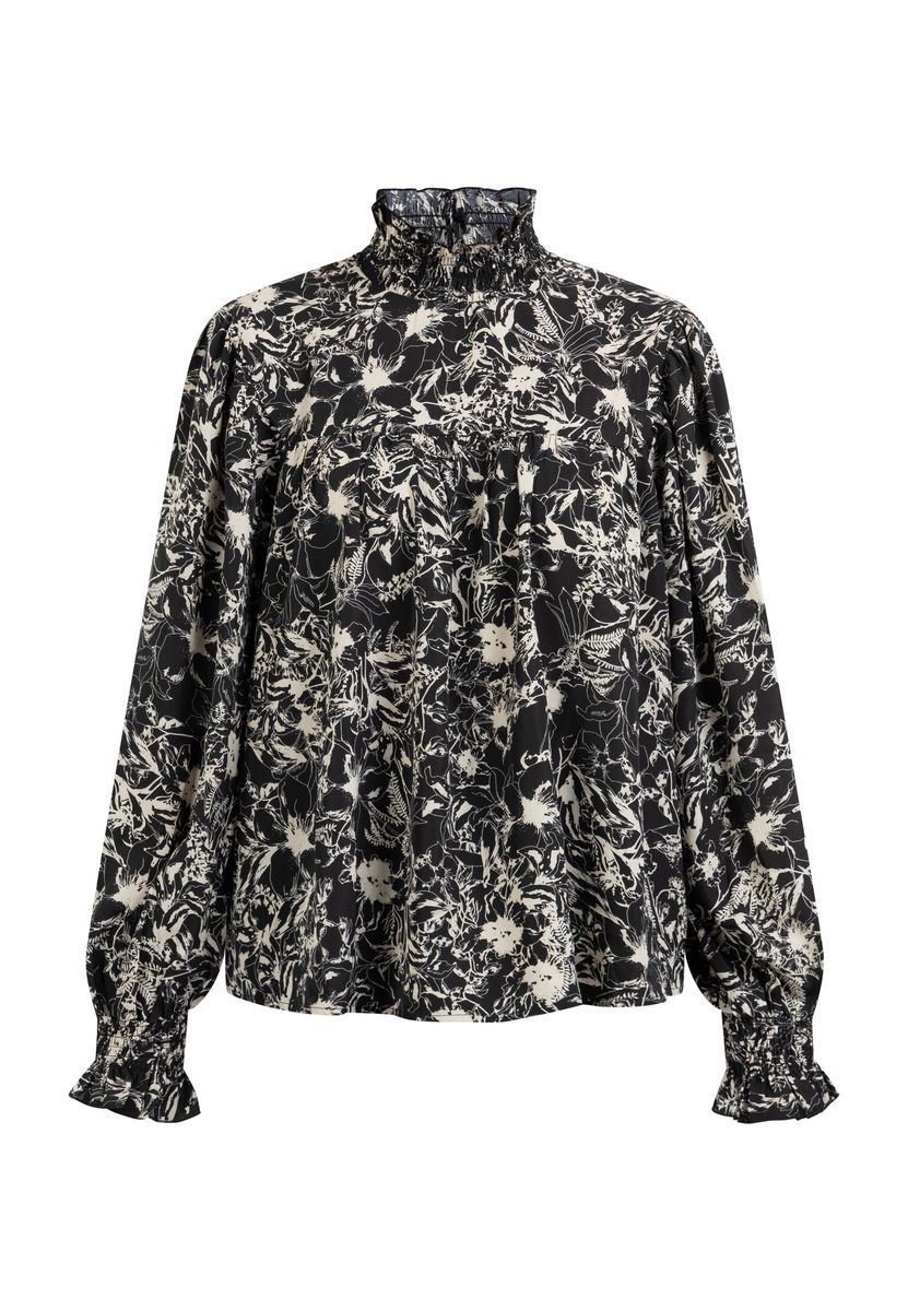 Luftige Blumenbluse mit Smok-Kragen