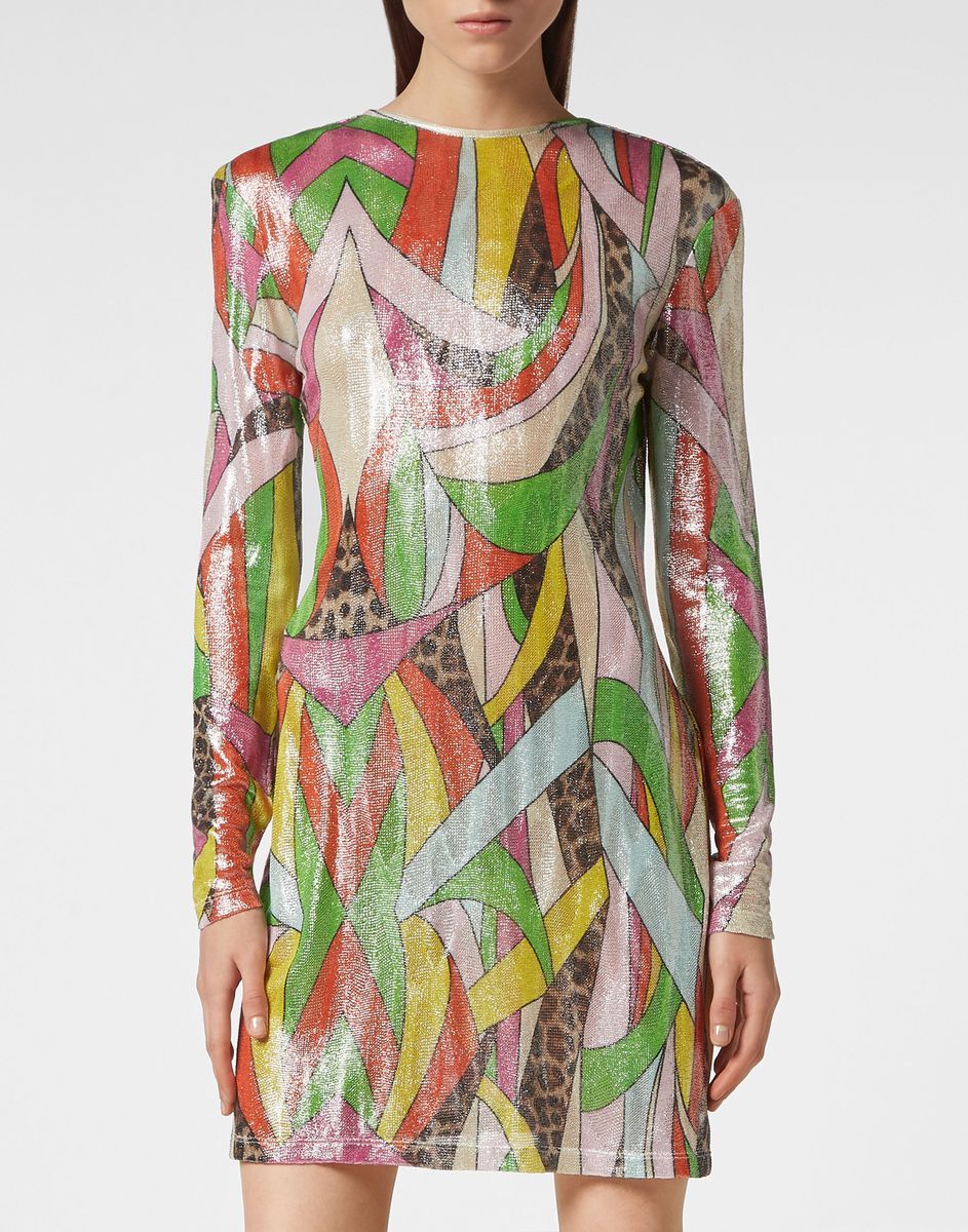Schimmerndes Lurex-Minikleid mit Patchwork-Print
