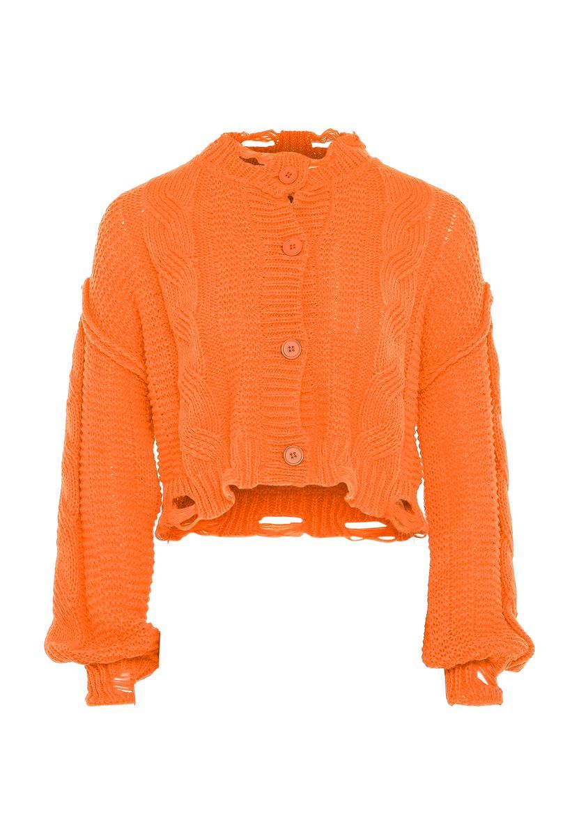 Kurzer Cardigan mit Zopfmuster und Destroyed-Details