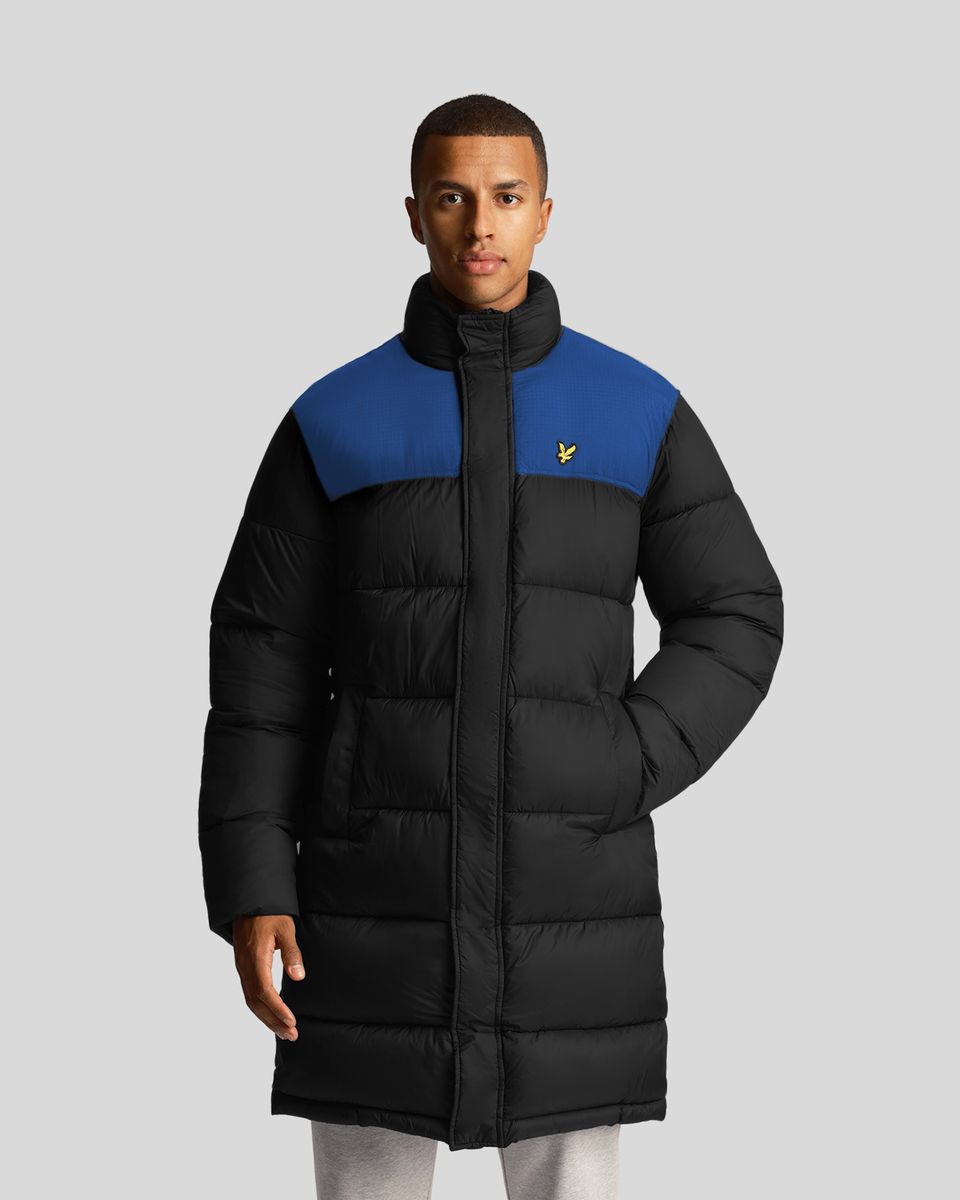 Lange wattierte Pufferjacke mit Kontrasteinsatz