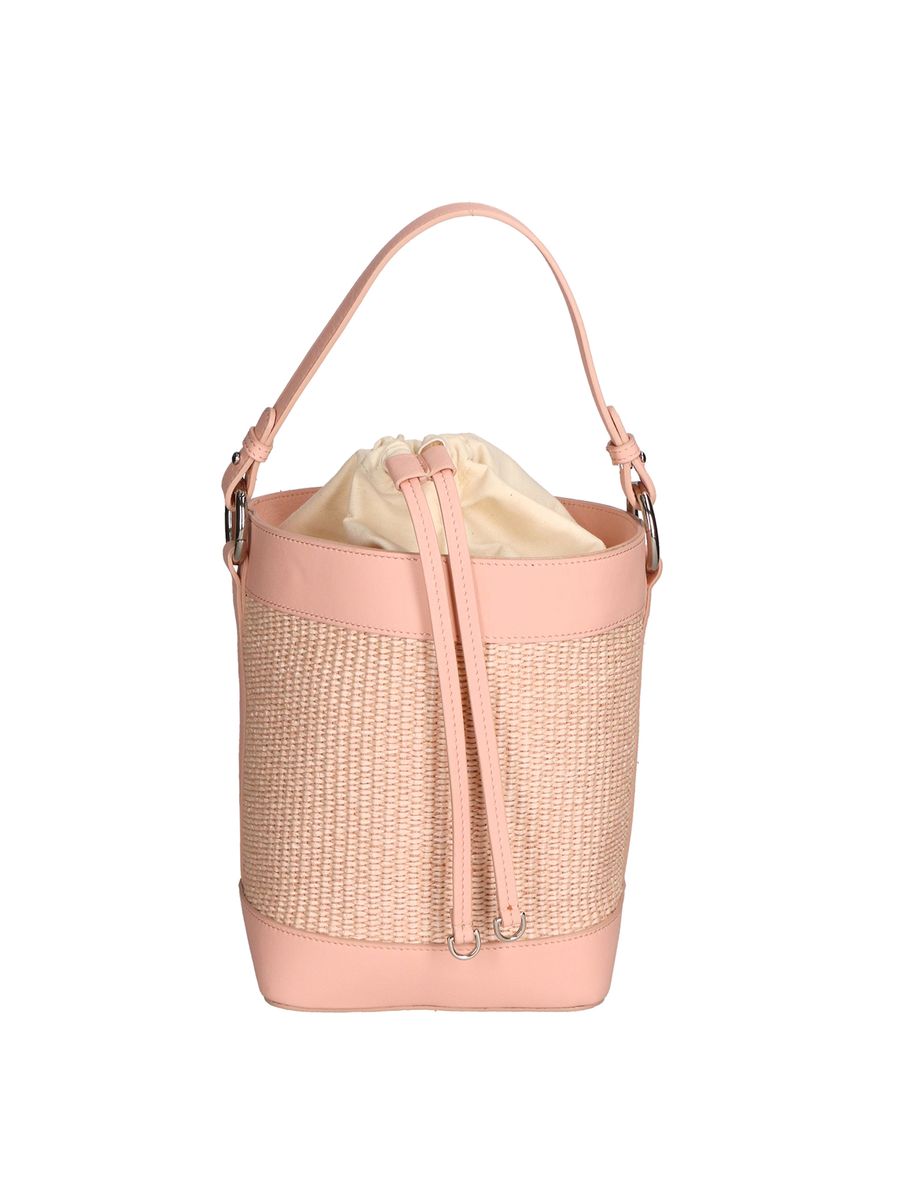 Eimertasche aus Leder und Strohgeflecht