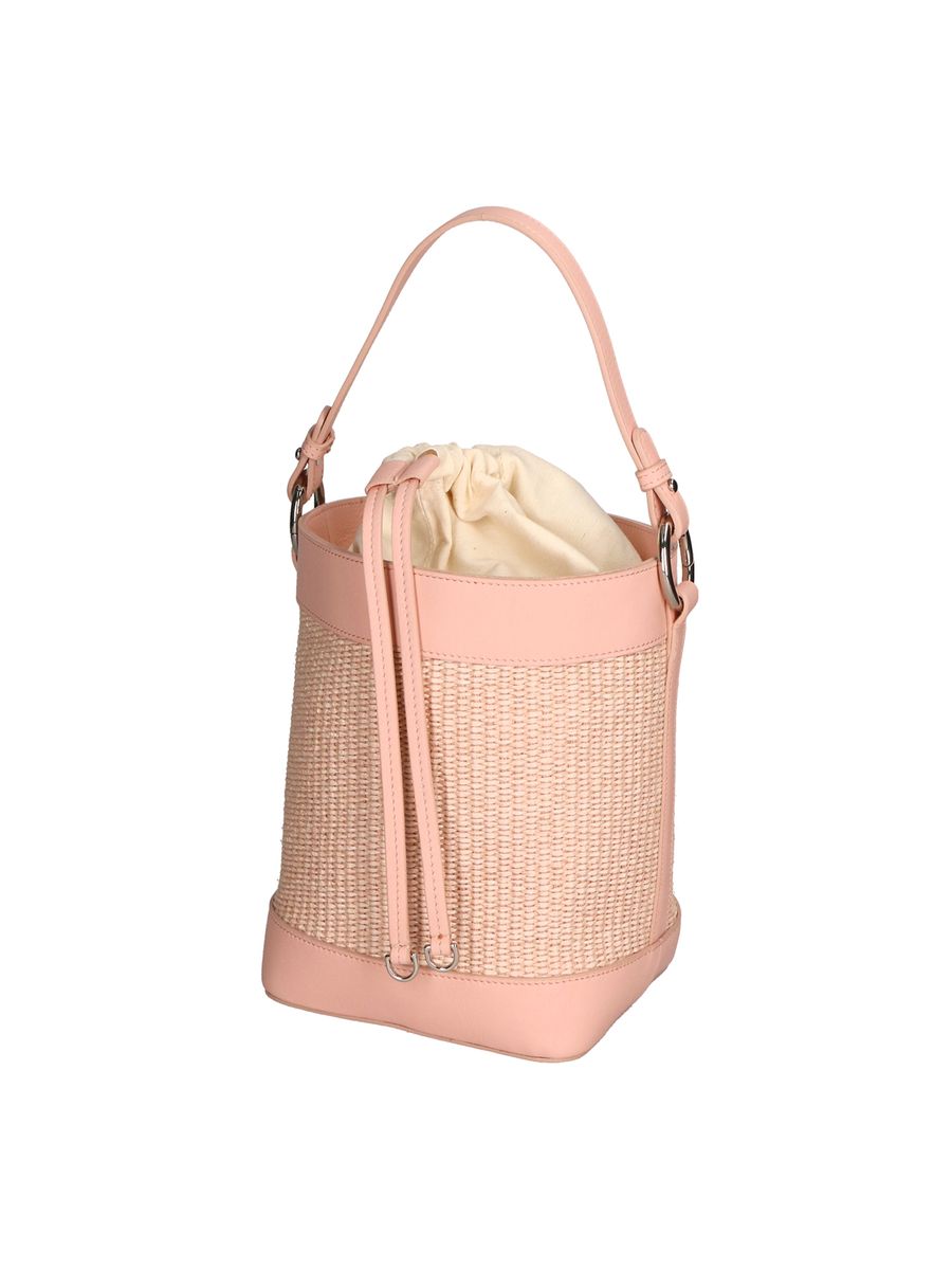 Eimertasche aus Leder und Strohgeflecht