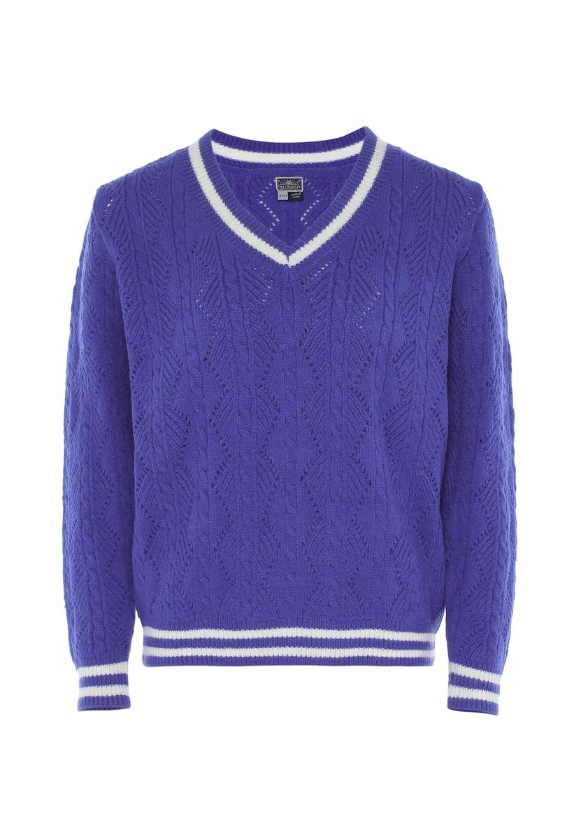 Preppy Zopfstrick-Pullover mit V-Ausschnitt